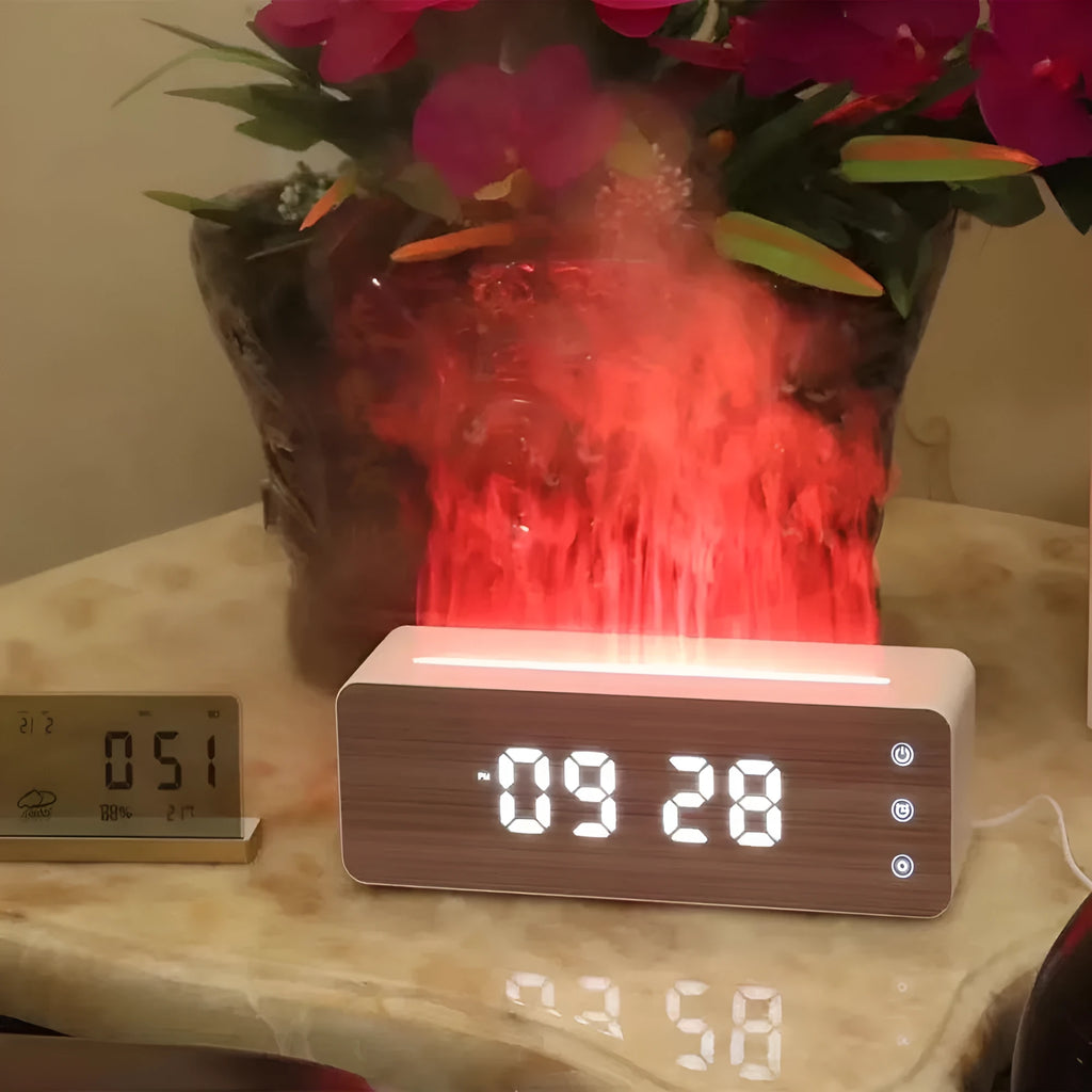 Homefish flame humidifier with wood-grain panel, clock and humidity display on a table