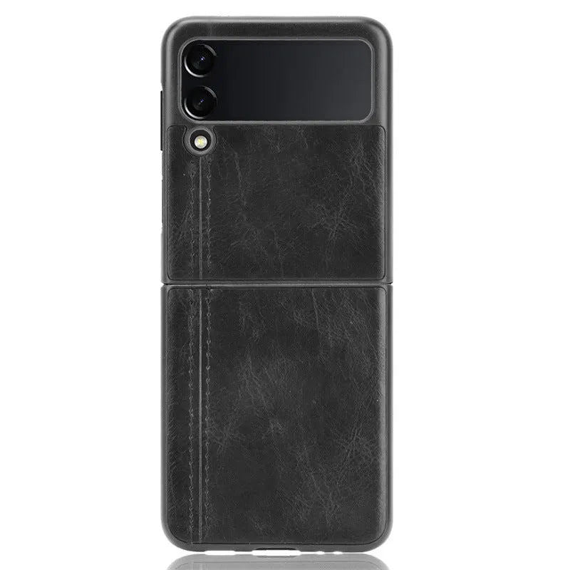 Cow pattern car thread phone case for Samsung Galaxy Z Flip 3 and 4, PC leather back cover in black.