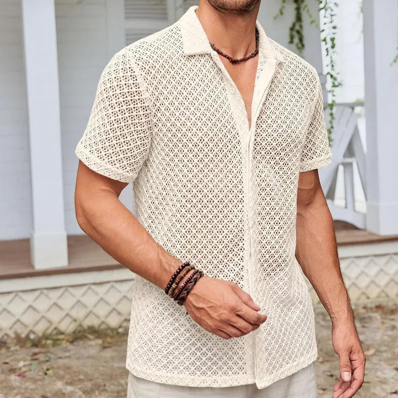 Men's short sleeve summer shirt in cotton blend fabric with lapel cardigan styling