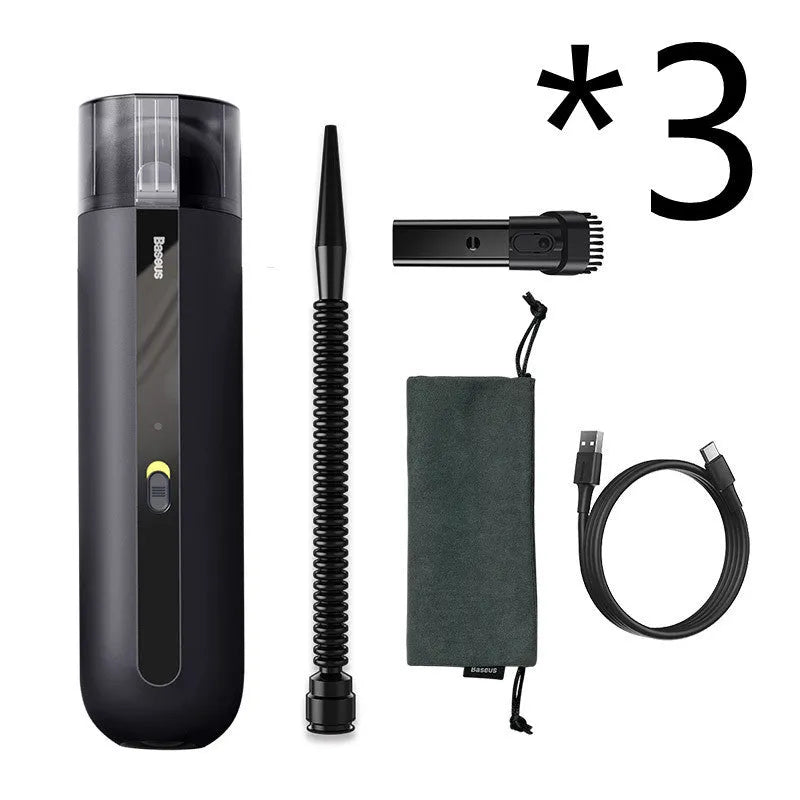 BASEUS wireless handheld car vacuum cleaner in black, white, or green with blowing hose.