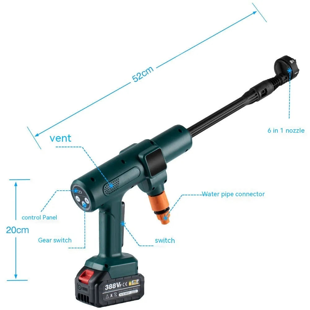 Cordless brushless water gun with stainless steel gun head, 18V, 25m spray distance, for car washing and landscaping.