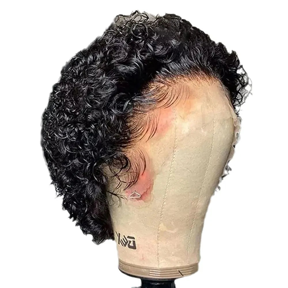 Black lace front hair cover with pre-plucked hairline and 100% human hair on a mannequin head.
