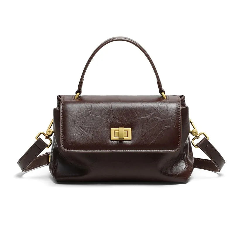 Women's crossbody bag in first layer cowhide leather, horizontal square shape, Black or Caramel Mocha
