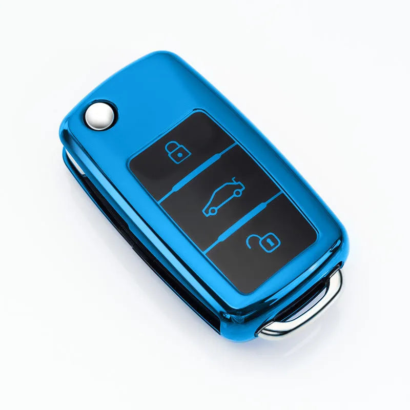 VW Model A folding car key inside a TPU protective case in blue, silver, pink, and red colour options.