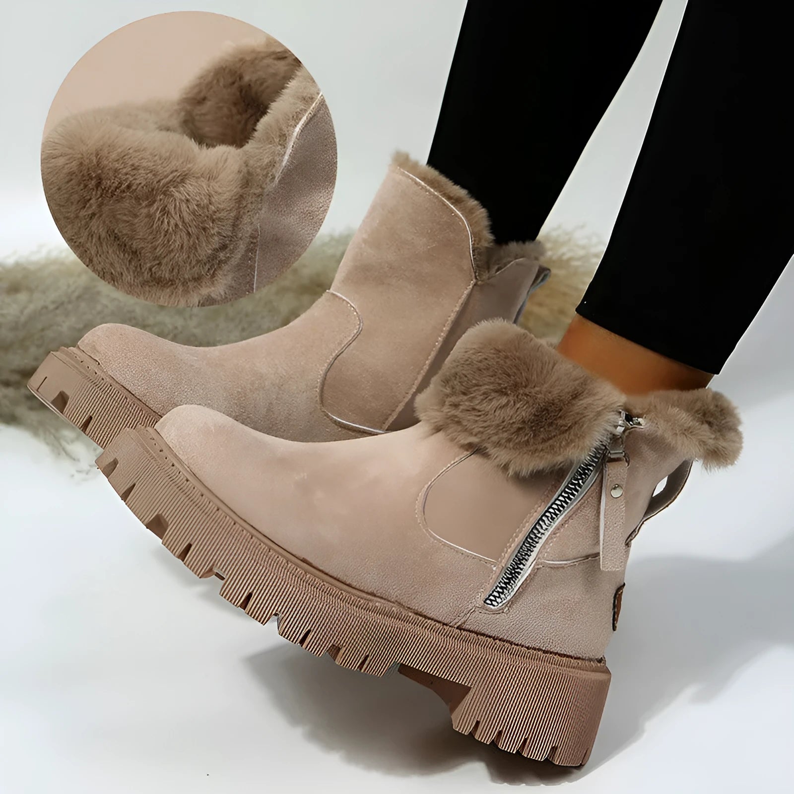 Women's high-top snow boots in black with side zip and thick plush lining