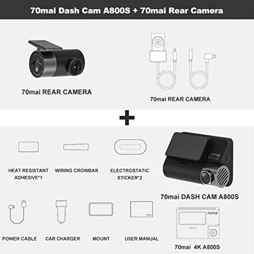 70mai A800S-1 4K dash cam mounted on car windscreen, black colour, 3-inch screen visible