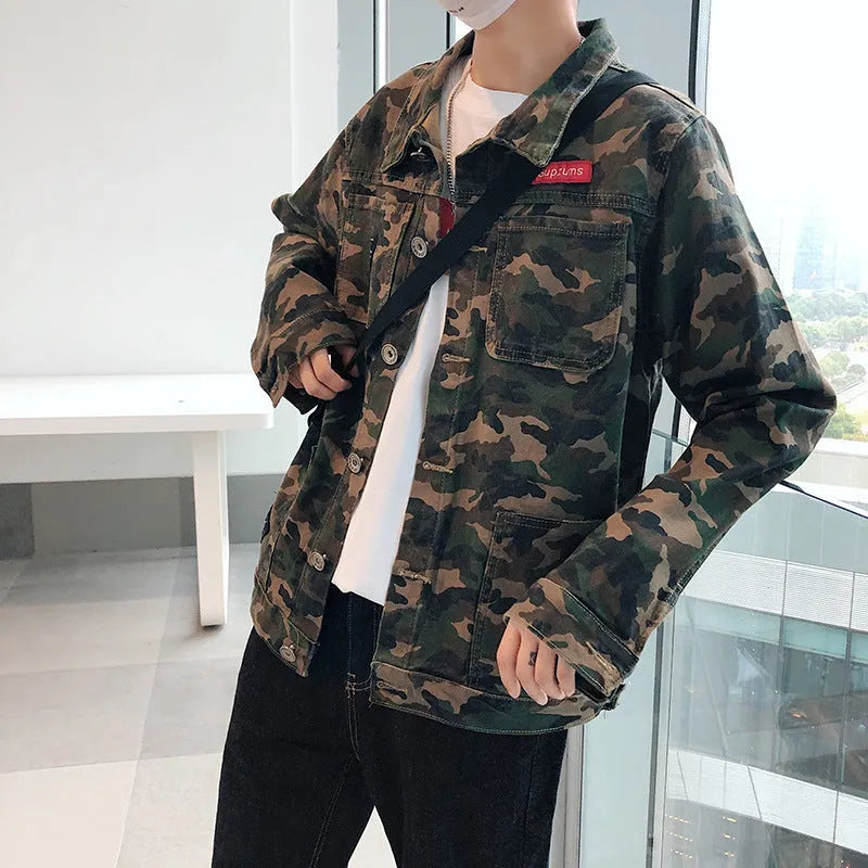 Men's camouflage denim jacket in cotton cowboy fabric, shown as a front view coat