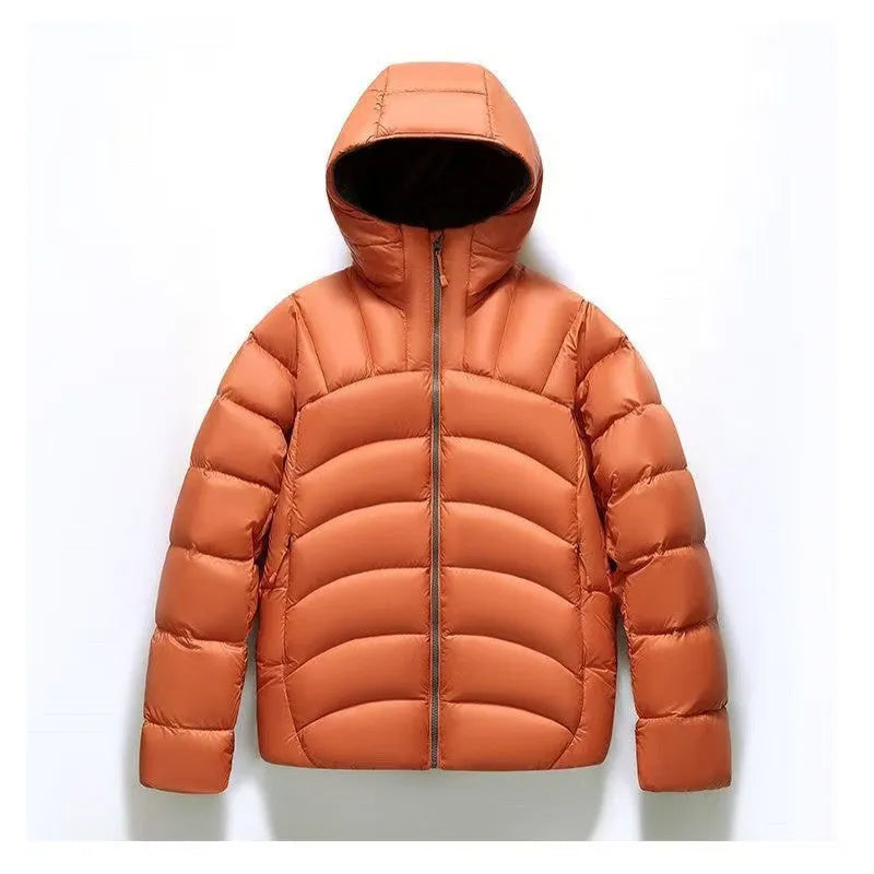 Unisex hooded down jacket in solid colour with ribbed detail, available in five colours and seven sizes