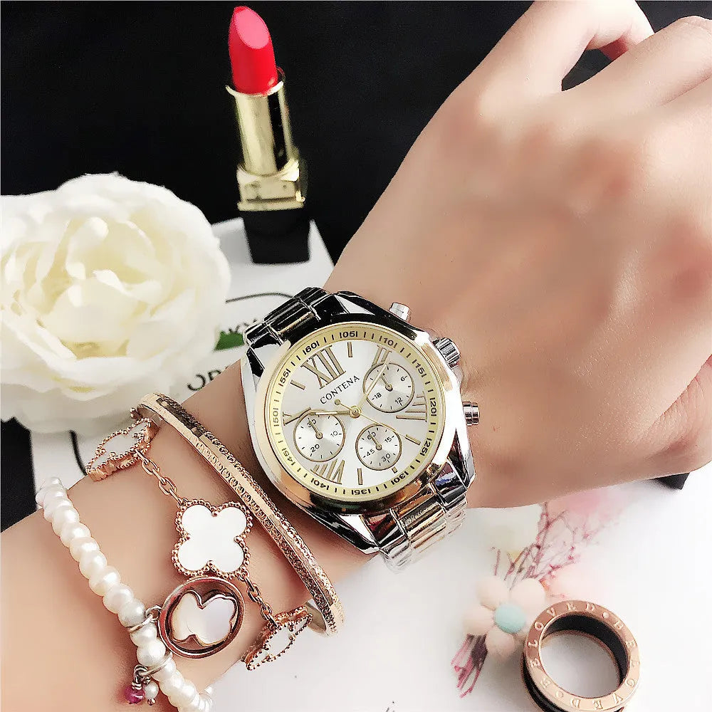 Women's fashion watch with mesh strap and quartz movement in silver rose gold colour