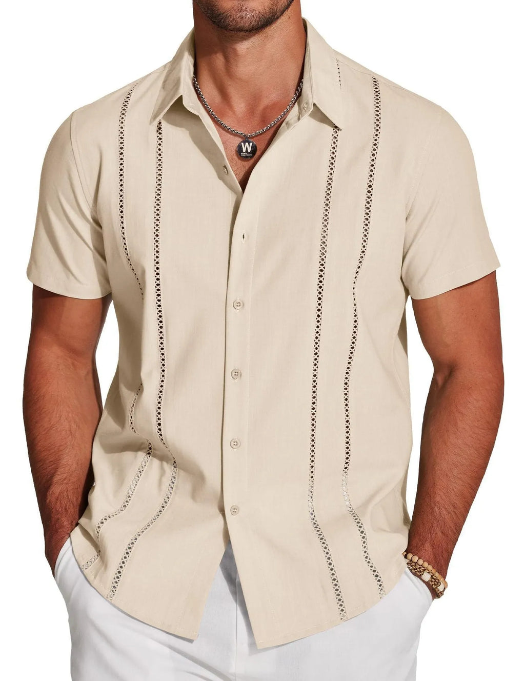 Men's slim-fit Hawaiian short sleeve shirt in digital print pattern on polyester fabric