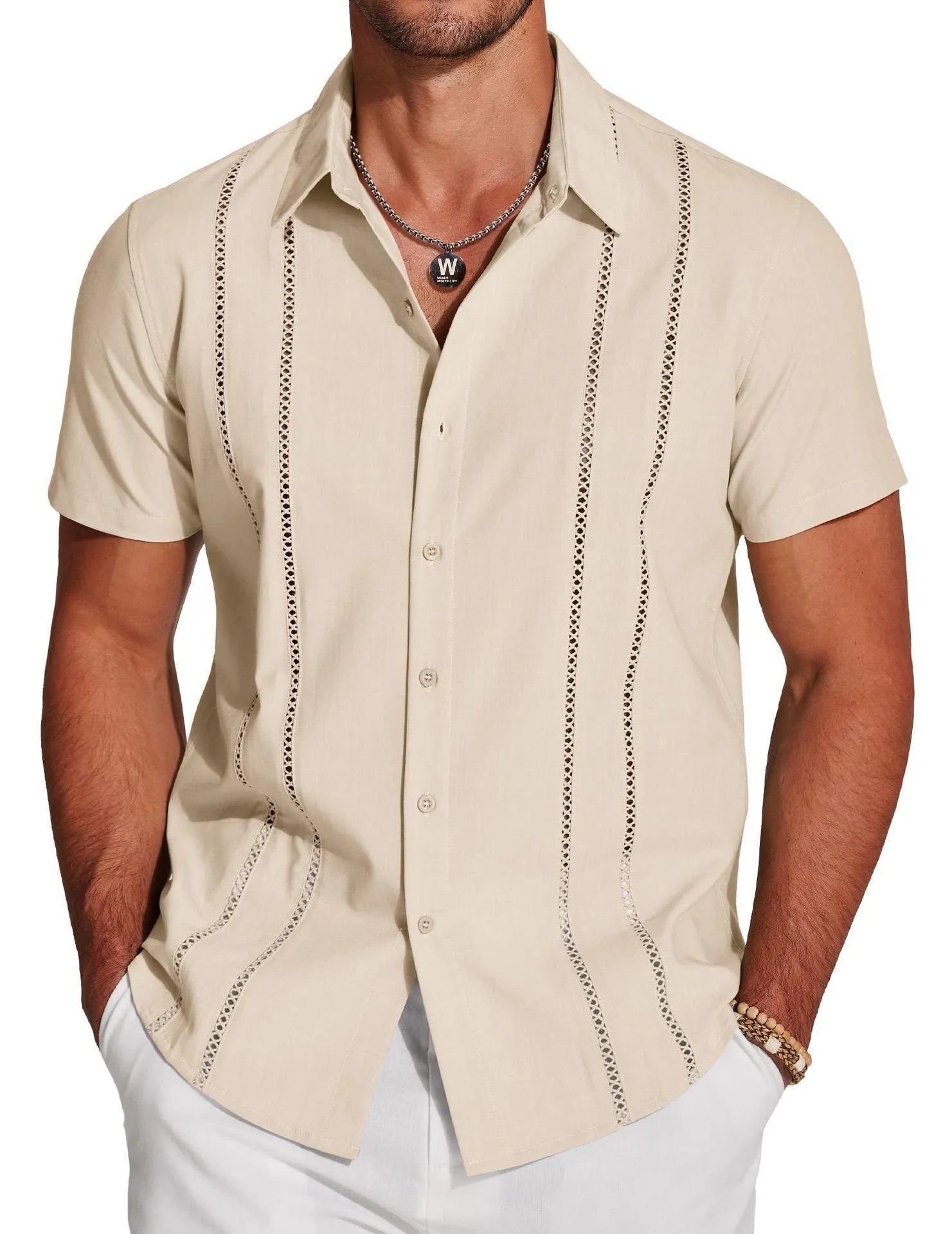 Men's slim-fit Hawaiian short sleeve shirt in digital print pattern on polyester fabric