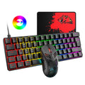 Wired gaming keyboard and mouse set with RGB lighting and USB cables on desk