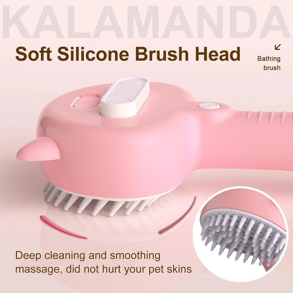 Blue cat ear-shaped steam brush for pet grooming with soft rubber bristles and release button