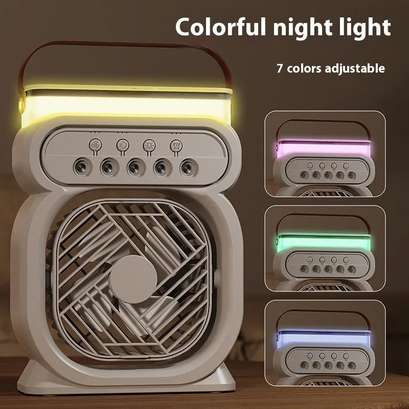 Black portable air cooler with LED lights, water tank, and USB cable on wooden desk
