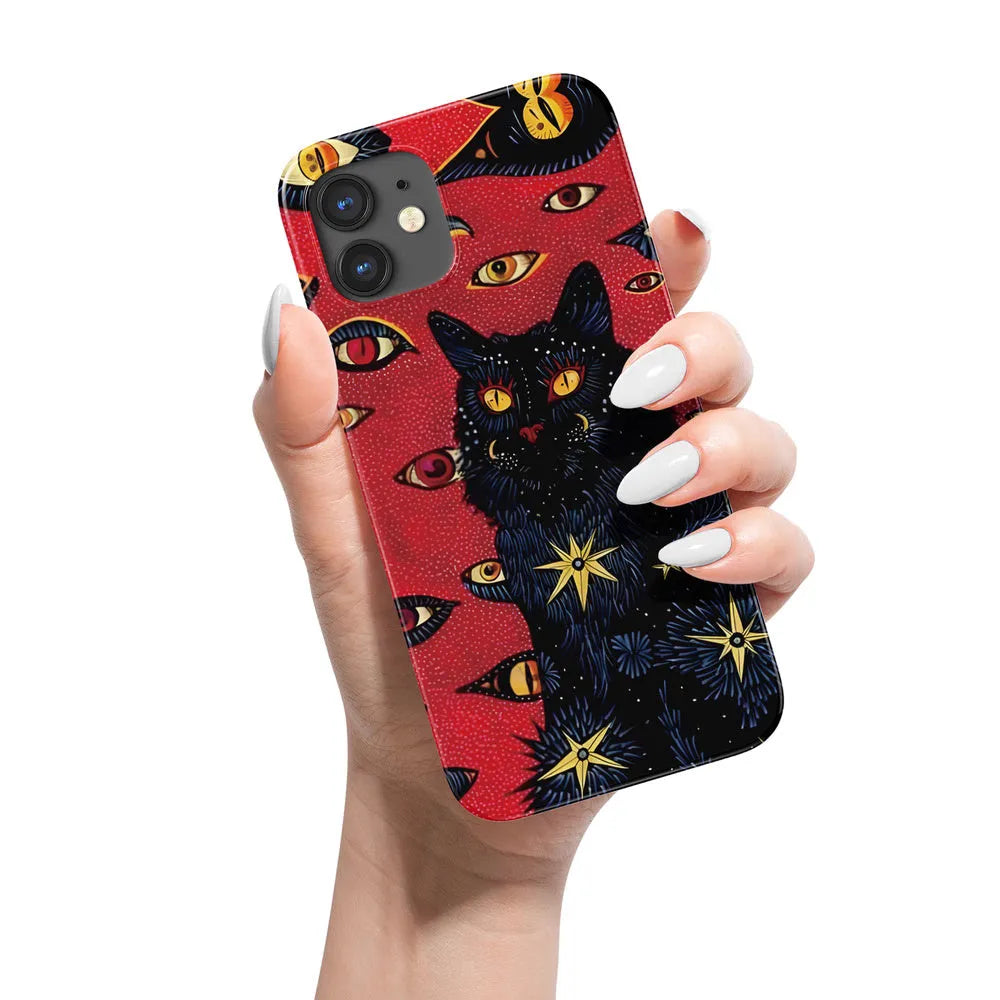 Retro style cat eye design hard shell phone case for iPhone, shown in frosted and glossy finish options.