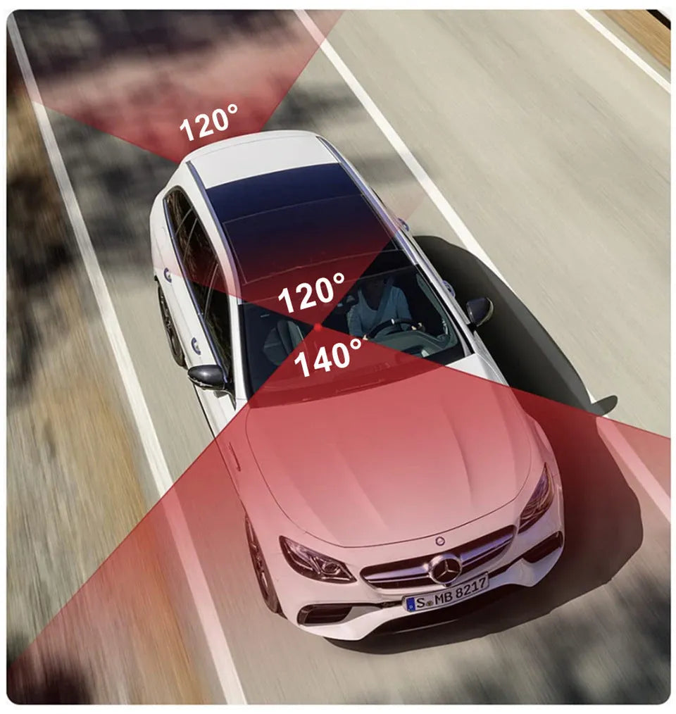 Black plastic 3-lens car dashcam with touch screen, suitable for vehicle recording