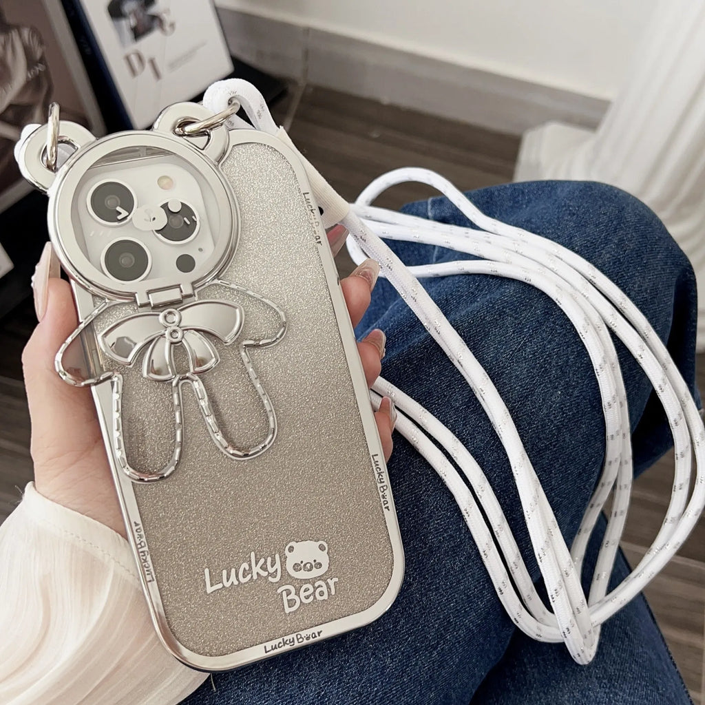 Electroplating glitter TPU phone case with embossed lucky bear bracket, black, compatible with iPhone 14 Pro Max