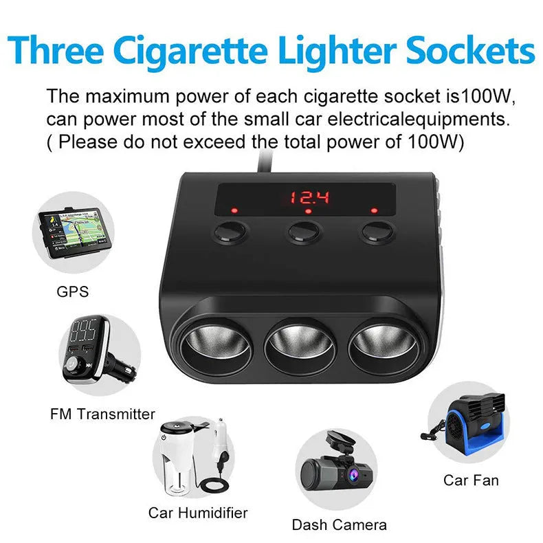Black ABS car charger with 3 cigarette lighter ports and 4 USB ports for 12V vehicles