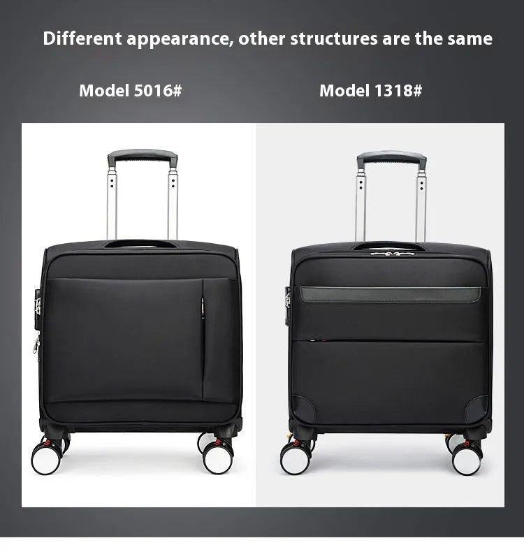 Black 18-inch carry-on cabin suitcase with retractable handle, four wheels, and combination lock on anti-theft zips.