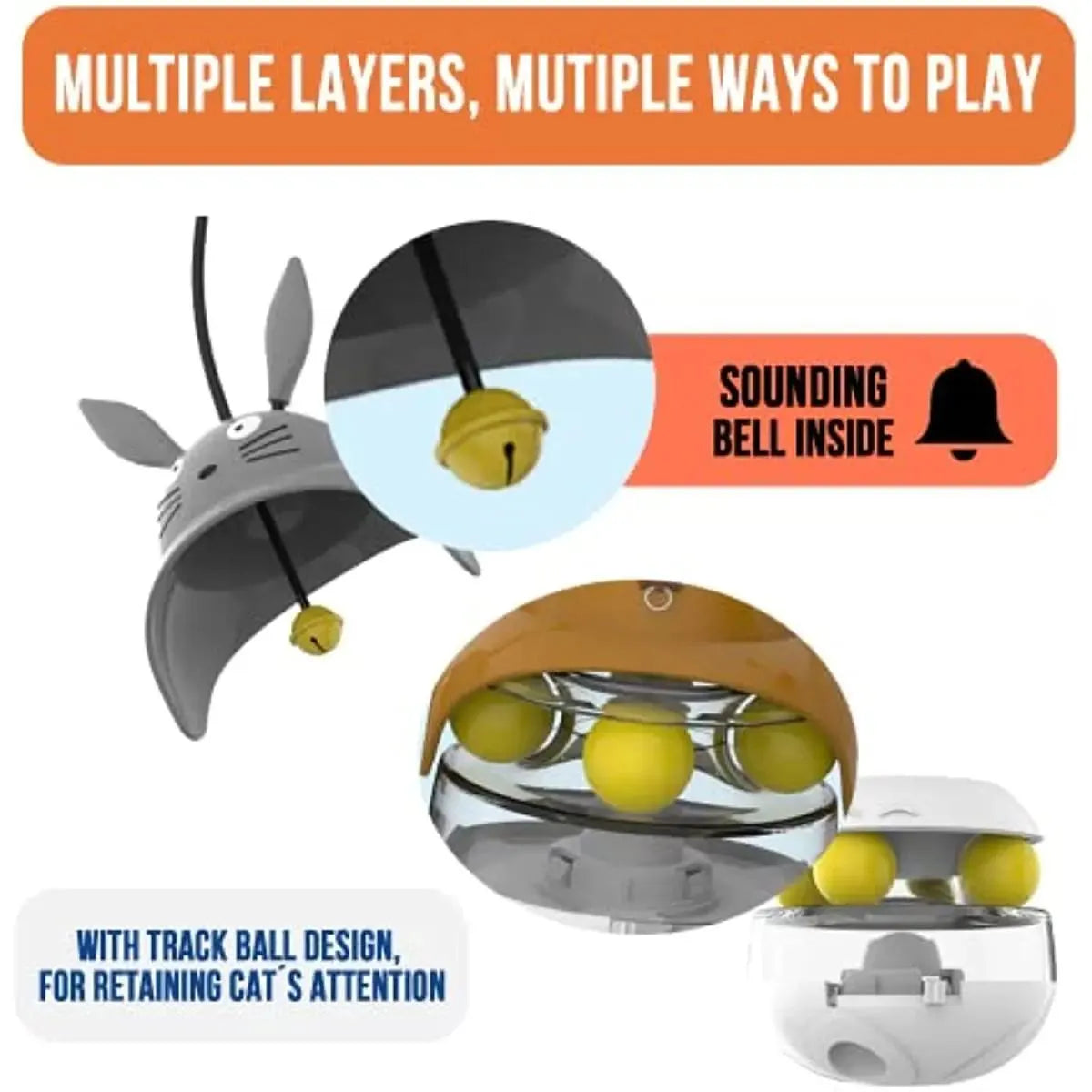 Interactive cat feeder toy treat dispenser with sounding bell in brown colour for indoor cat exercise