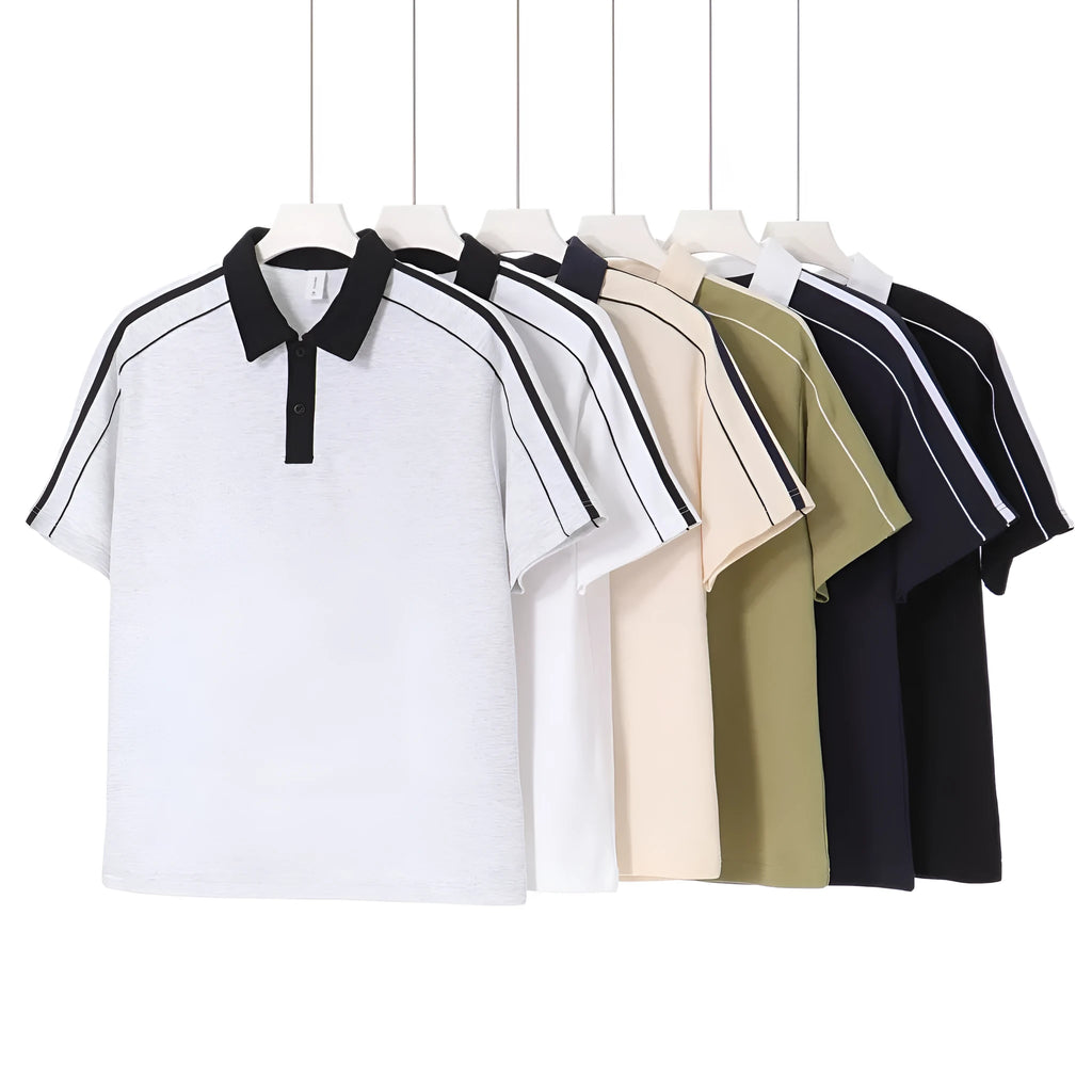 Casual lapel short sleeve t-shirt, loose cotton blend drop shoulder polo shirt in two-tone colour, sizes S to 3XL