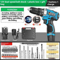 12V dual speed impact pistol drill electric screwdriver set in a plastic storage box.
