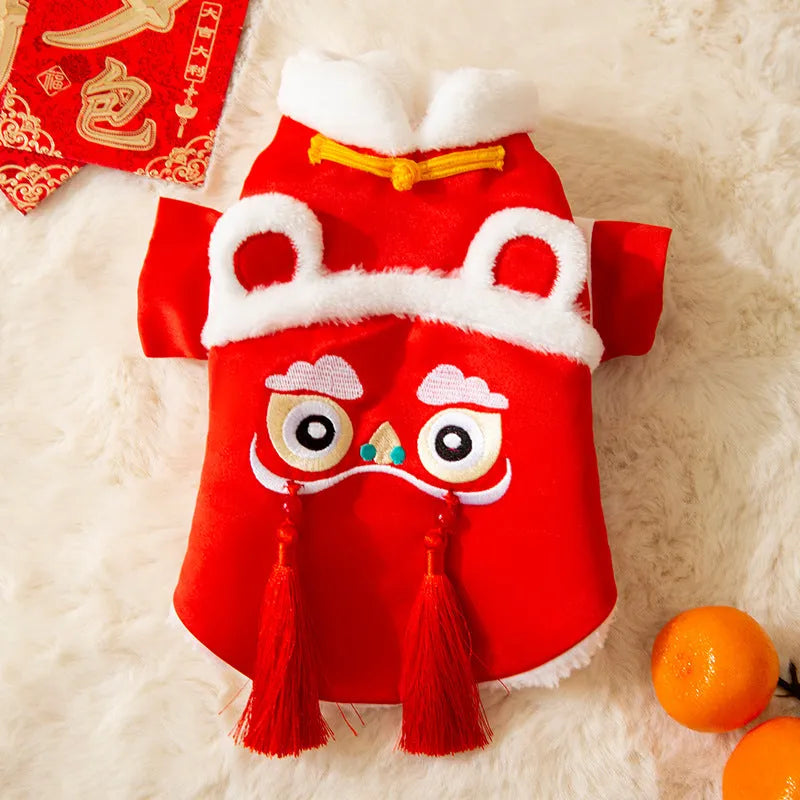 Red Lion Dance pet Tang suit with embroidery for dogs and cats, cotton-padded, sizes S to XXL
