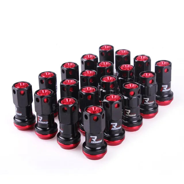 Set of aluminium alloy wheel hub nuts in multiple colour options including black, red, gold, blue, and purple finishes