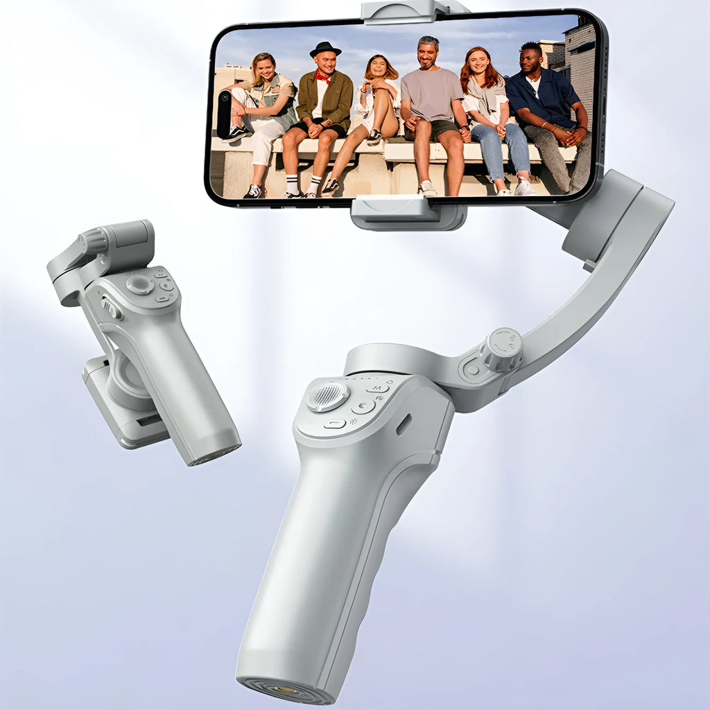 Gray handheld three-axis anti-shake stabilizer with AI face tracking and fill light for short video shooting