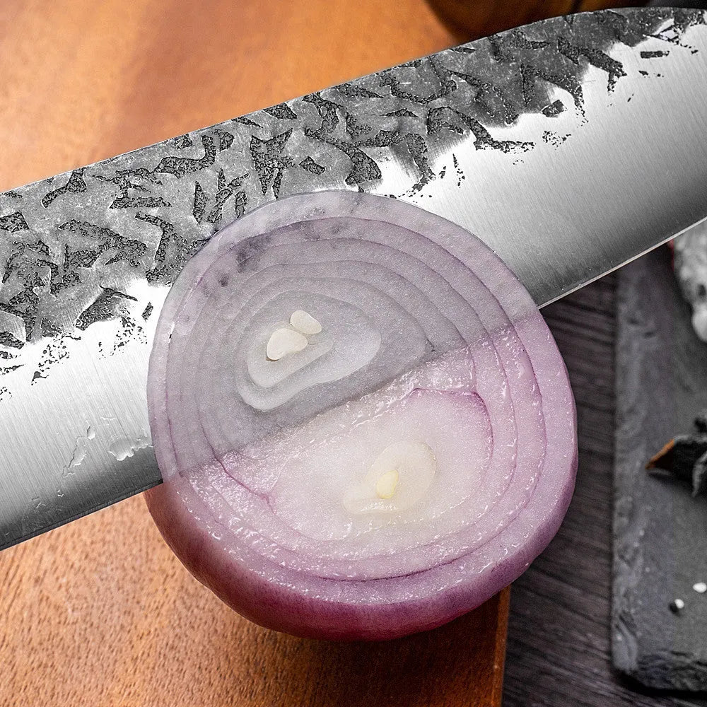Handmade hammered forged stainless steel santoku chef knife with modern simple design and gift box packaging