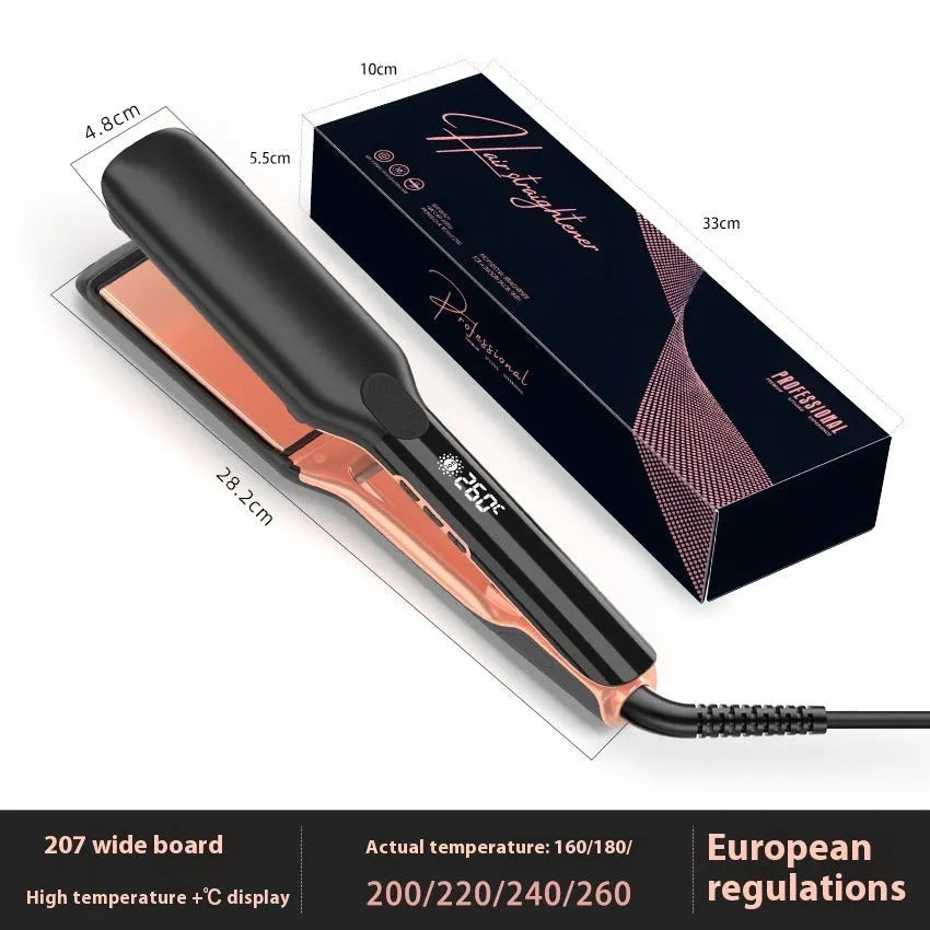 Hair straightener with digital temperature display showing 207℃ and negative ion technology