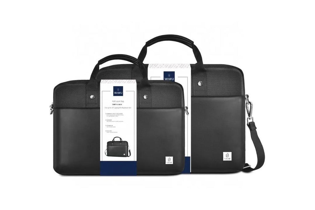 Black Oxford cloth laptop handbag with multiple compartments shown open, displaying organised storage for a 15.6-inch computer.