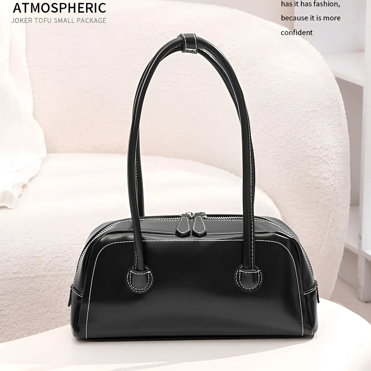 Retro PU underarm bag for women, horizontal square 31 x 9 x 14 cm with double straps and stitching