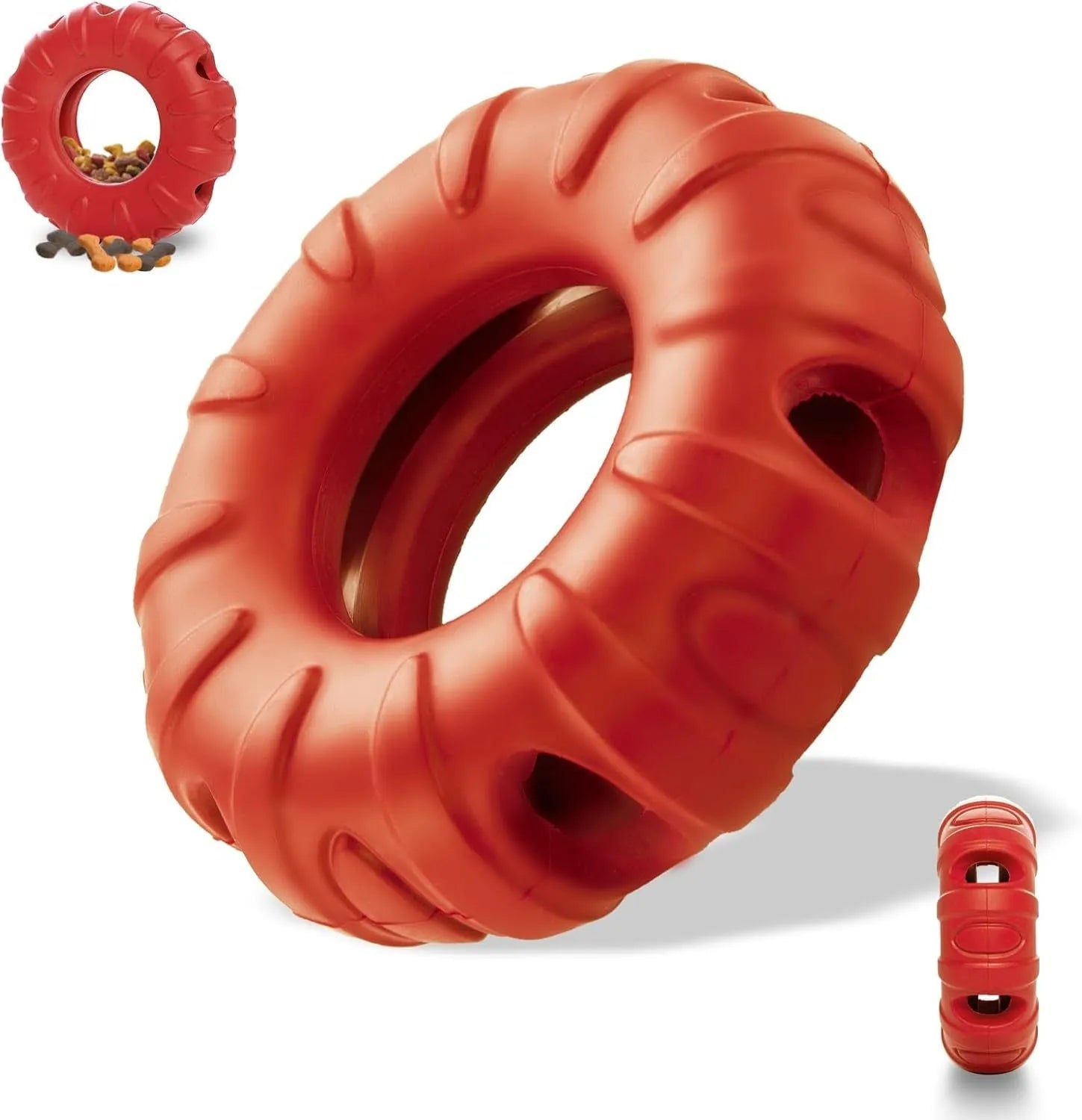 Blue rubber tyre dog chew toy with oval openings for food dispensing