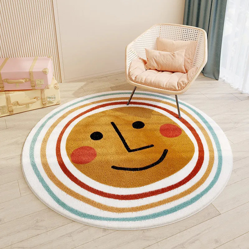 Round floor mat with printed cartoon design in polyester fibre, non-slip backing, available in sizes from 60cm to 200cm