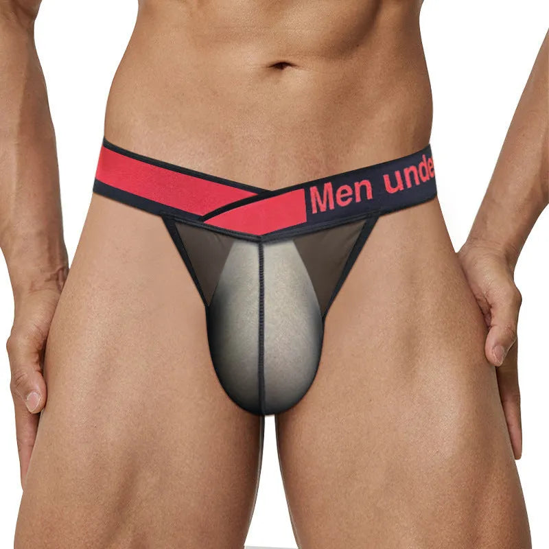 Men's black nylon briefs showing low waist and large V gradient high fork design