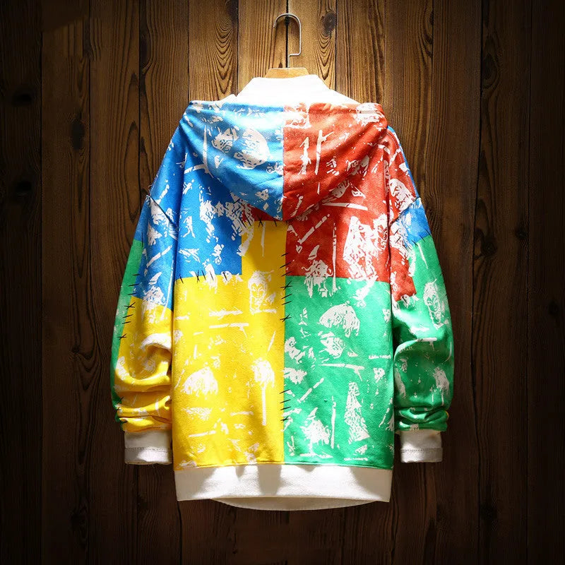 Men's graffiti pattern hooded sweater with contrast stitching in purple, loose fit, front view