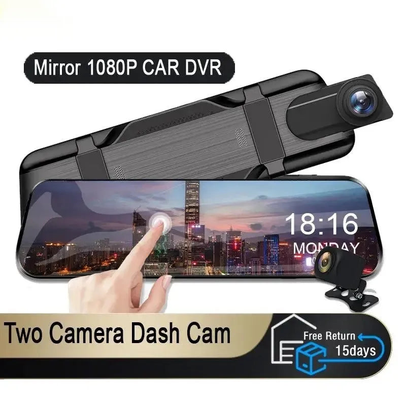 Car rearview mirror camera with 9.88 inch touch screen, motion detection, WiFi, and 1080p recording