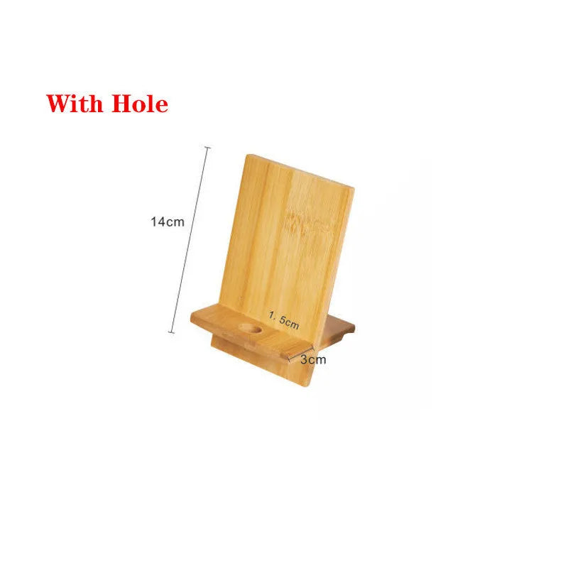 Desktop bamboo phone holder charging stand with universal tablet support, 14x8 cm, natural bamboo finish