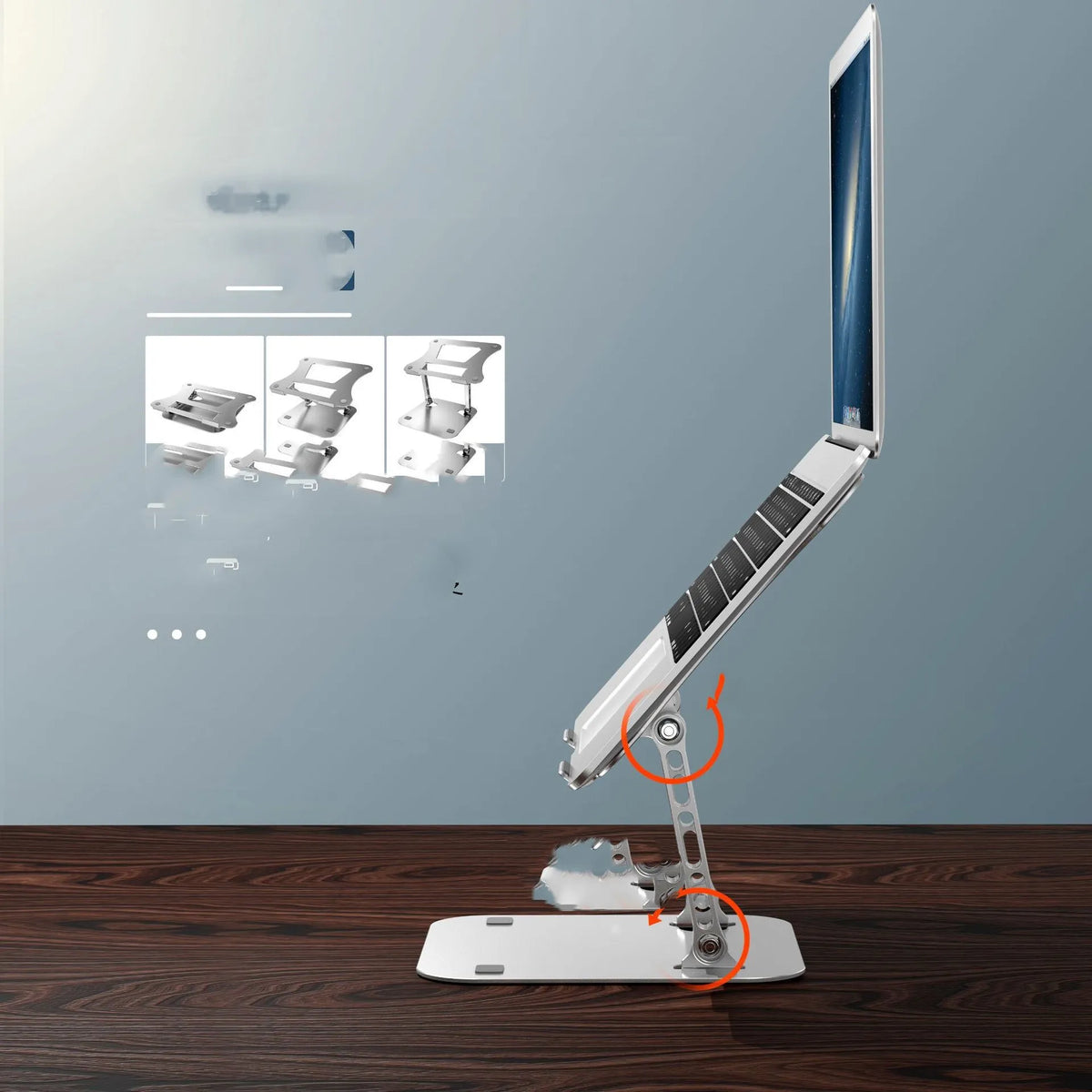 Silver aluminium alloy folding laptop stand for notebooks and ultrabooks with air cooling, 260 x 223 x 30 mm