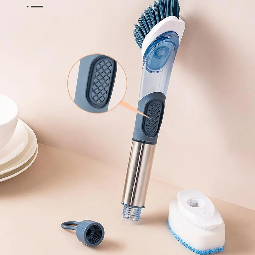 Multifunctional kitchen dish brush with soap dispenser and long handle in blue