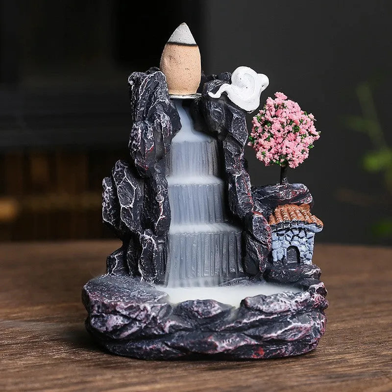 Ceramic backflow incense burner with detailed tree design in green, mangrove, pink, or white colour options