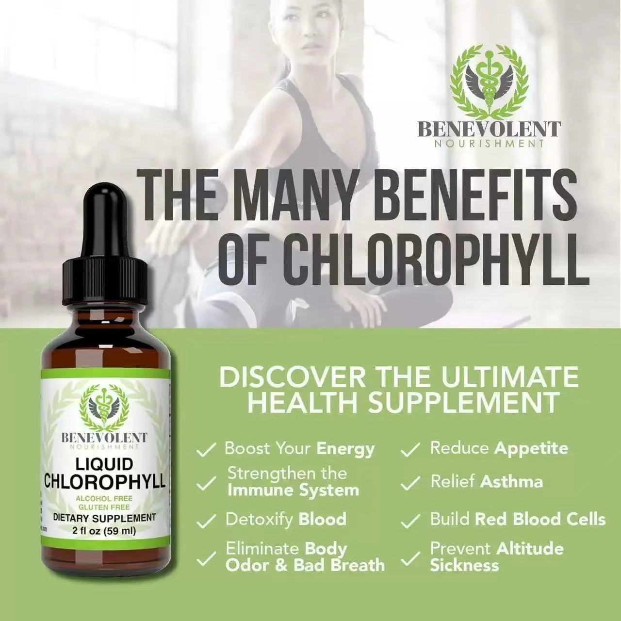 60ml bottle of natural liquid chlorophyll drops with dropper for body odor and intestinal care