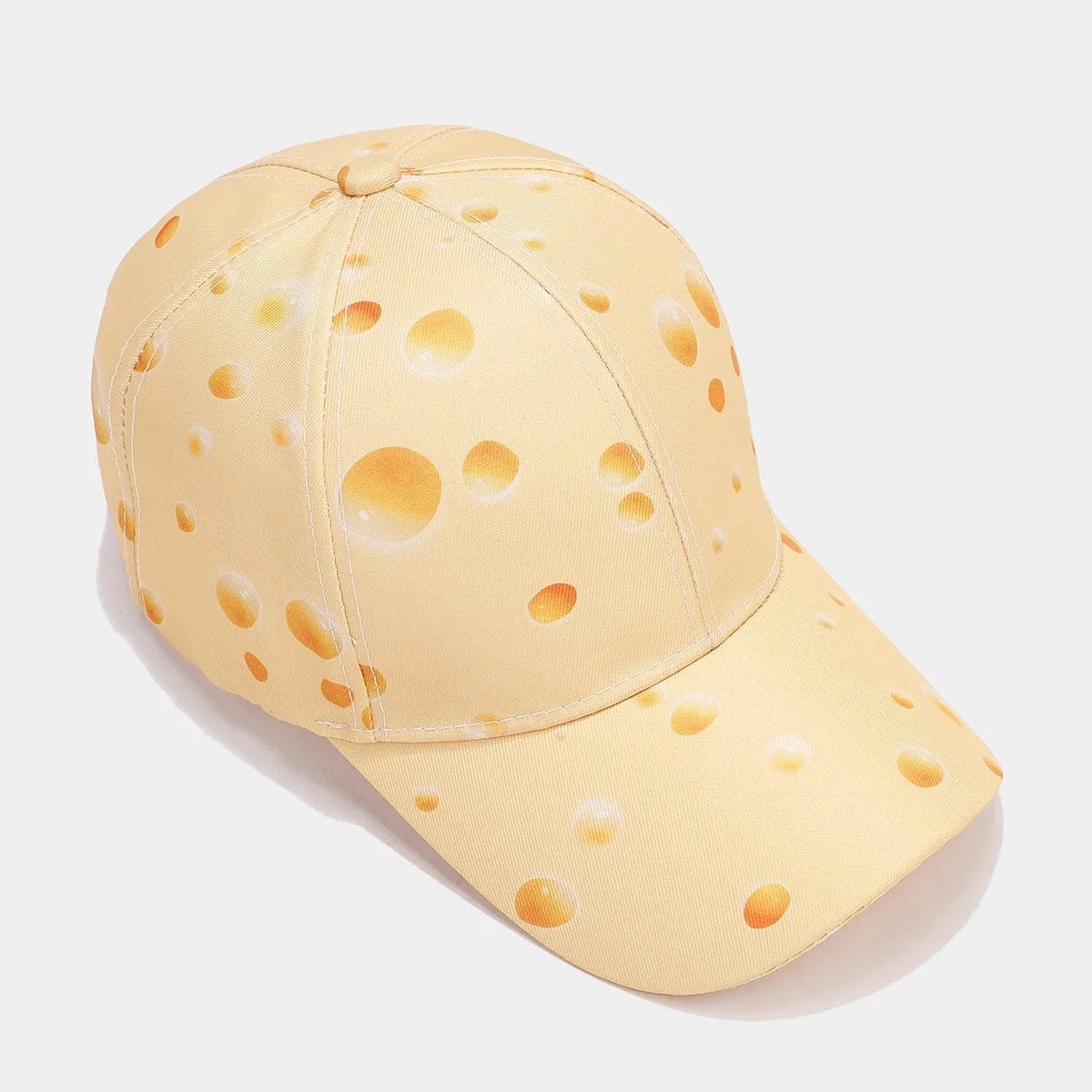 Cheese pattern printed peaked cap with adjustable size and dome crown