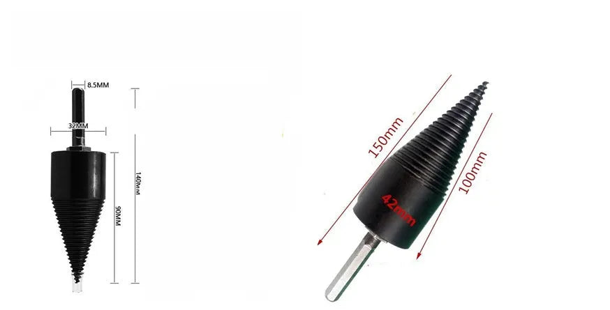 Hexagonal metal firewood splitting drill bit for electric drills, shown in 32mm and 42mm sizes.