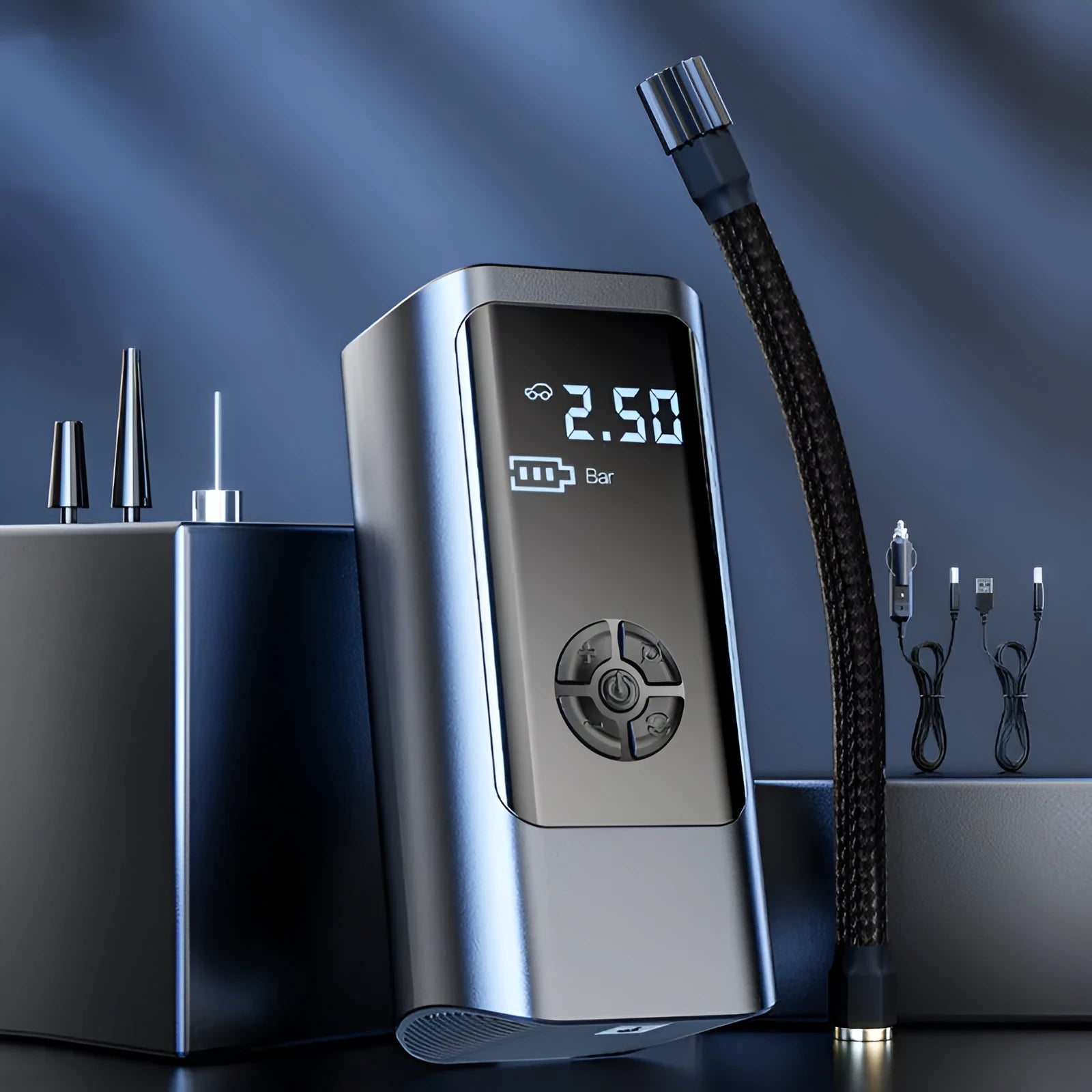 Portable wireless electric car air pump with ABS body, 60W motor, and 35L/min airflow