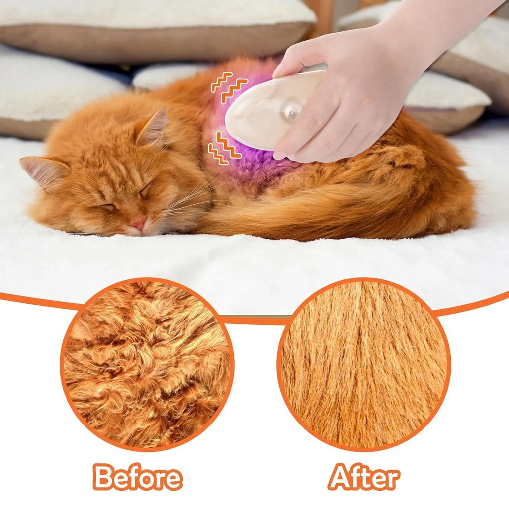 Yellow cat steam brush with silicone bristles, water tank, and ringworm detector lamp for pet grooming