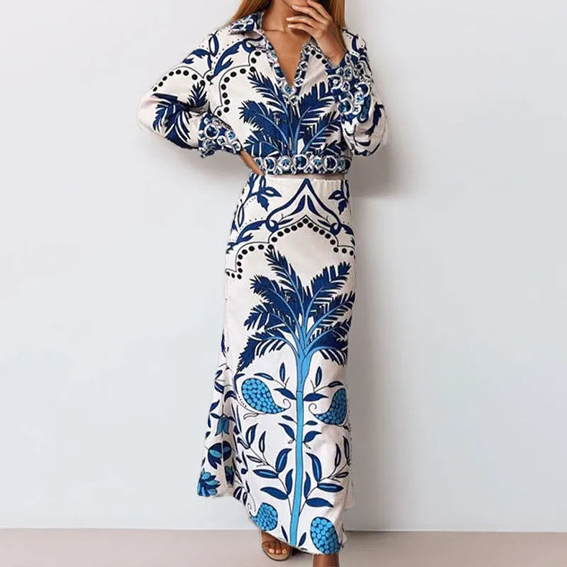 Women's casual polyester co-ord set featuring a long sleeve top and long skirt in picture colour.