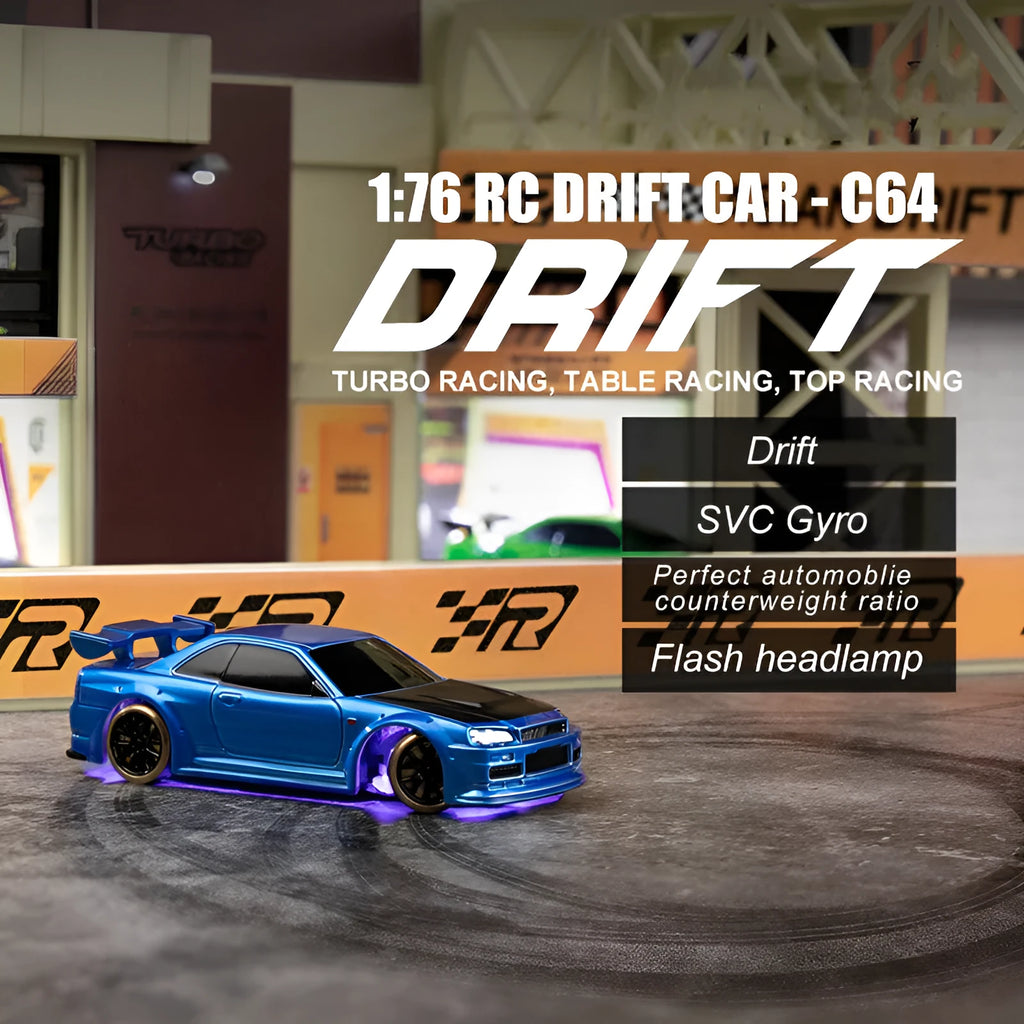 Turbo Racing C64 1:76 scale RC drift car with blue body and P21-SVC remote control transmitter