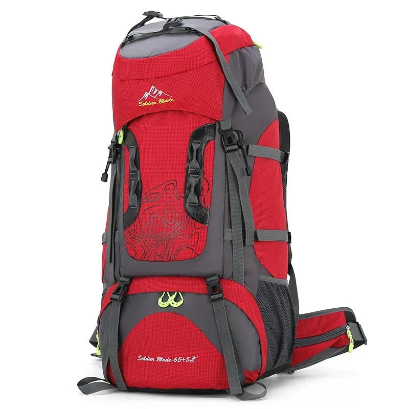 Waterproof polyester hiking camping backpack, 56-75L, 73 x 33 x 23cm, geometric pattern, unisex